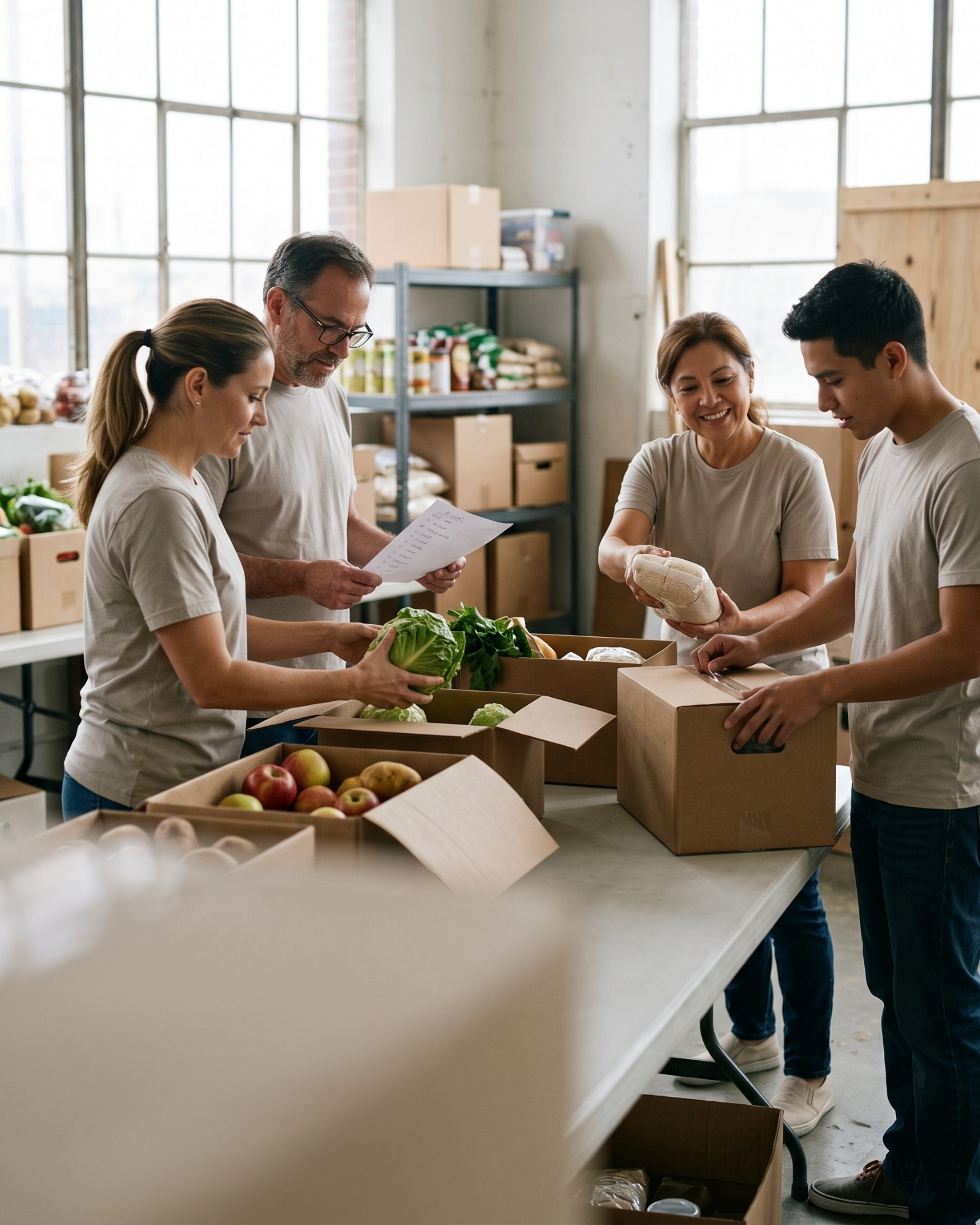 Volunteers working together to prepare community donations