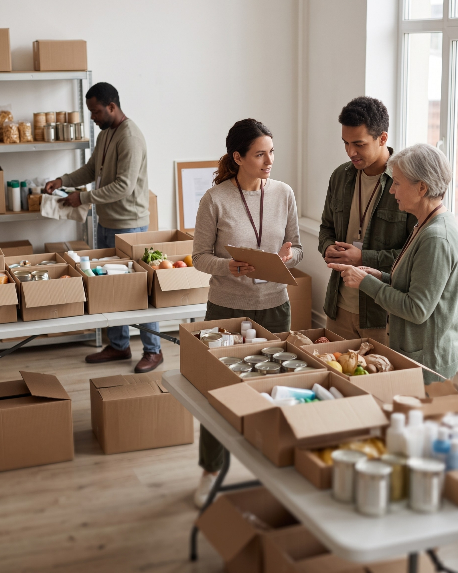 Volunteer team sorting donation boxes together
